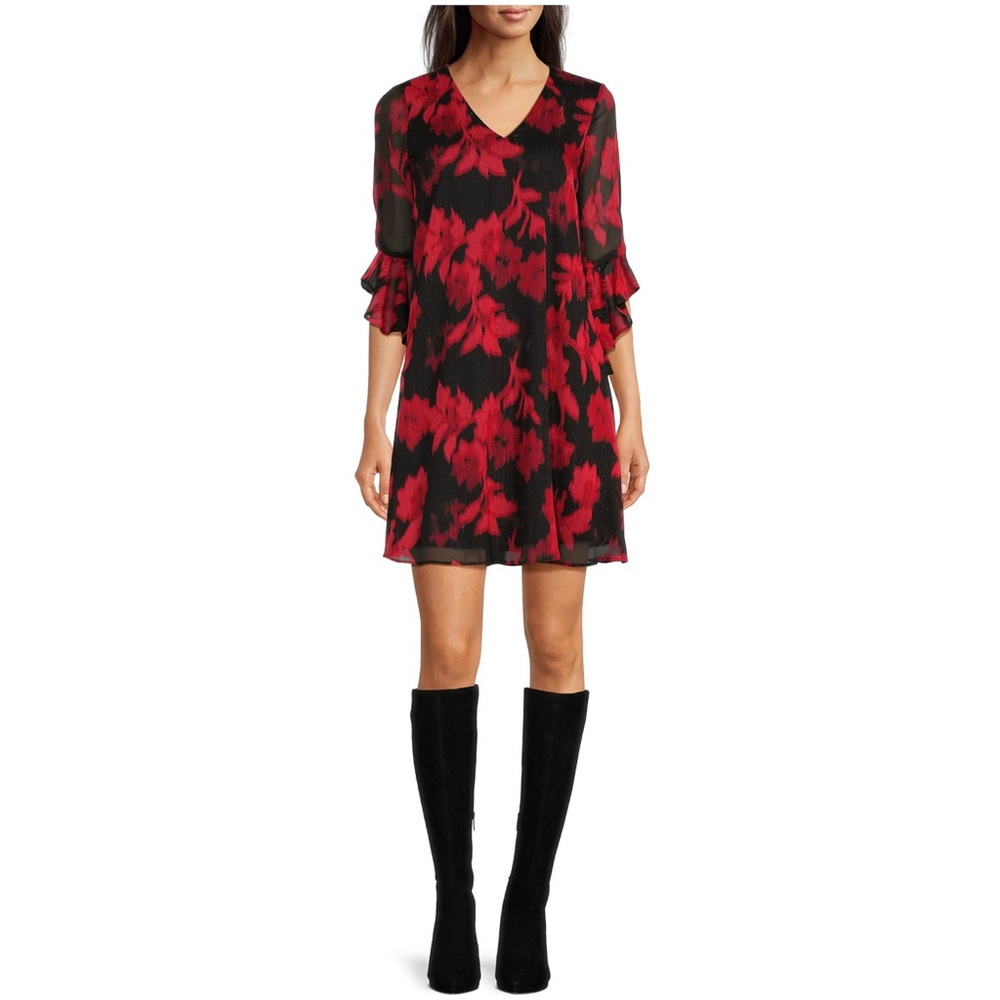 Calvin Klein Women’s Black/Red Floral Dress With Gold/Silver Metallic Thread